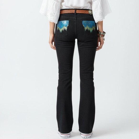 Express Stella"Dark Wash Bootcut Jeans with Abstract Blue/Gold Sequin Art Sz 10 - Picture 3 of 7